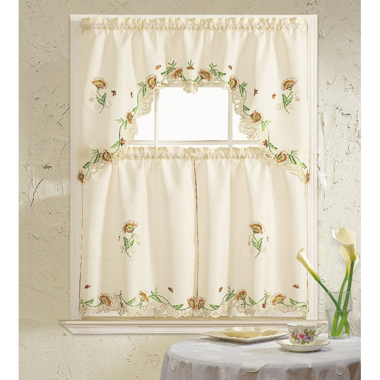 August Grove® Skipworth Floral Swag 60'' Kitchen Curtain in Ivory